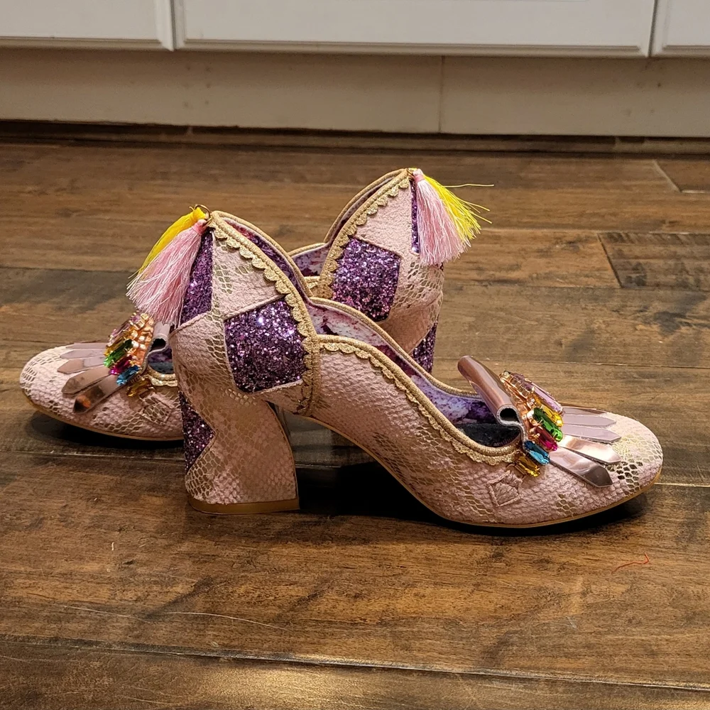 NWT Size 6.5 Irregular Choice Amorgos Pink Rhinestone, Snake Skin Glitter Heels - Picture 3 of 11